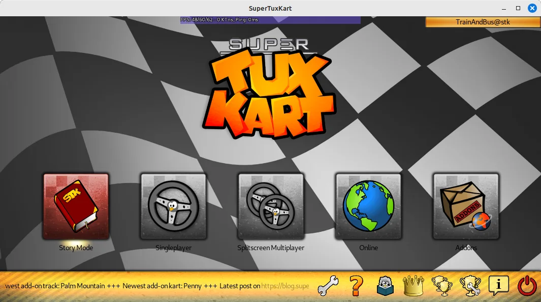 Das bunte Hauptmenü des Rennspiels SuperTuxKart